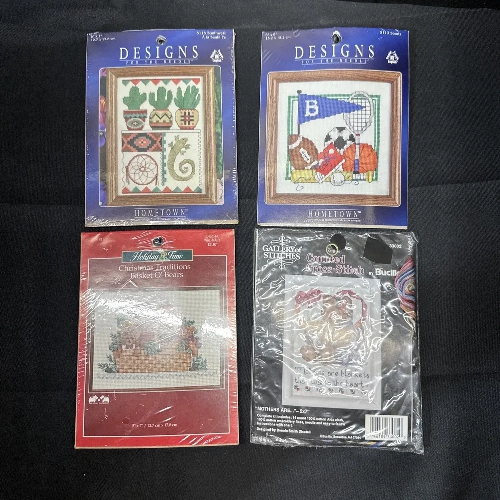 Lot of 4 Cross Stitch Kits Sports, Cactus , Christmas , Mothers are And Bear